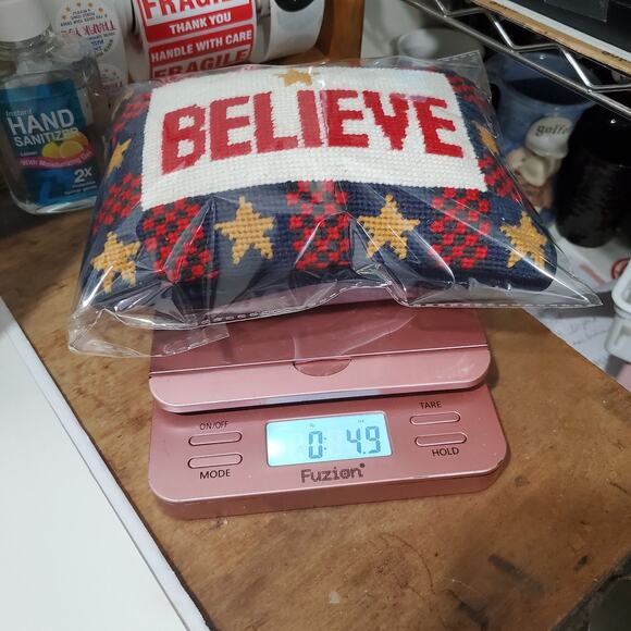 Mini Needlepoint Believe Holiday Accent Pillow Blue Velour Back NO TAG 8"x6" - Picture 9 of 9